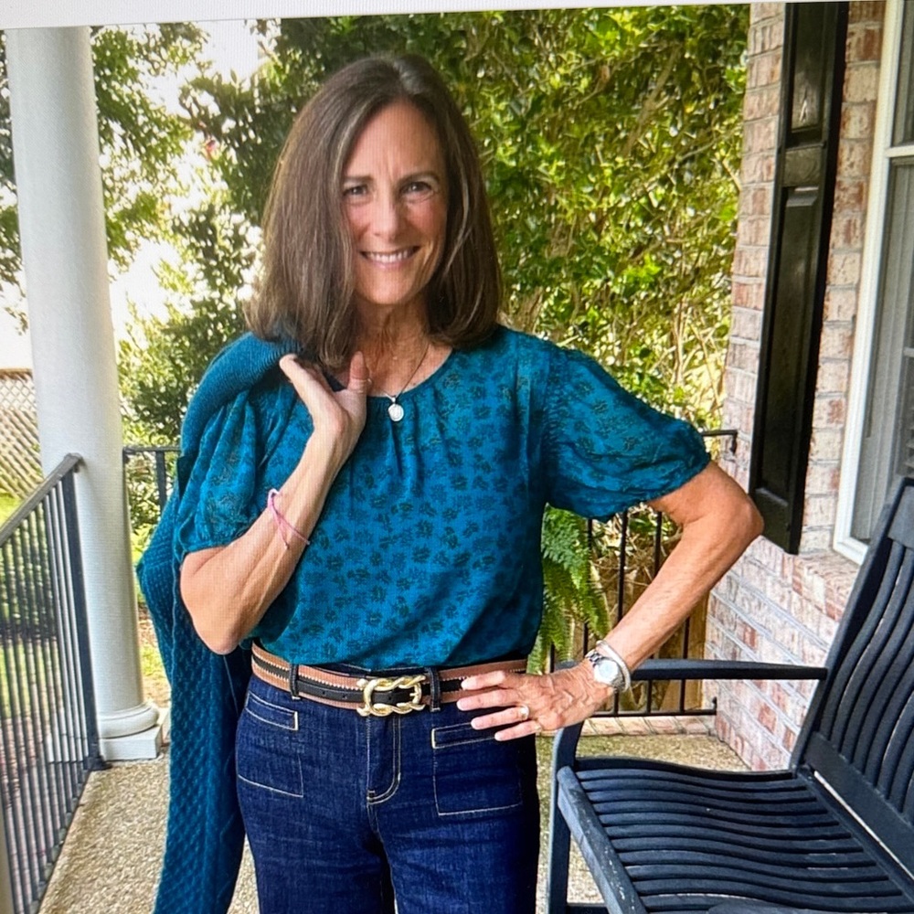 CAbi Teal Floral Puff-Sleeve Blouse
